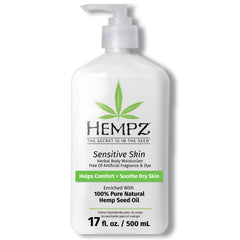 Hempz Sensitive Skin Herbal Moisturizer bottle demonstrates fragrance-free daily hydration.