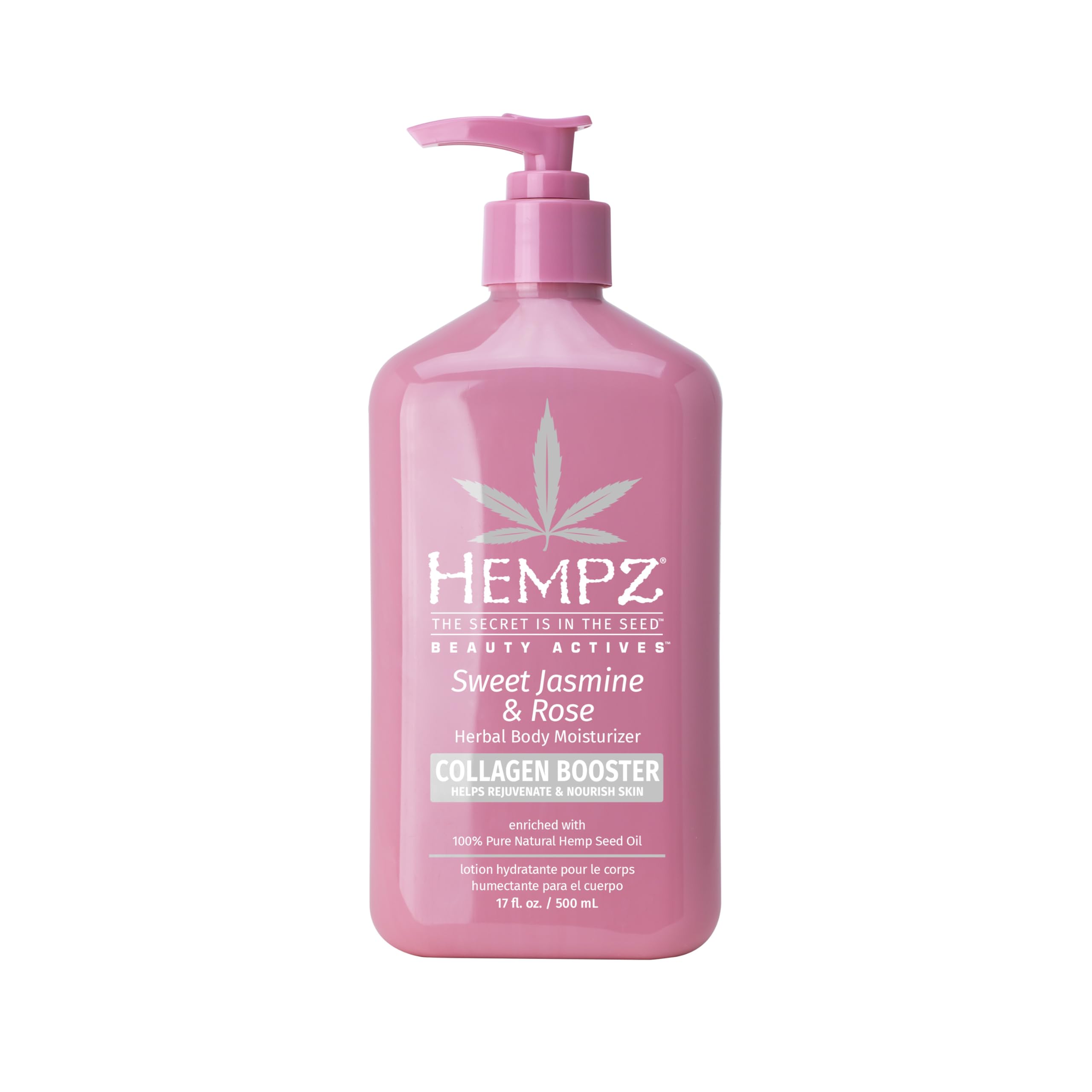 Hempz Sweet Jasmine & Rose bottle showing rich hydration for dry skin.