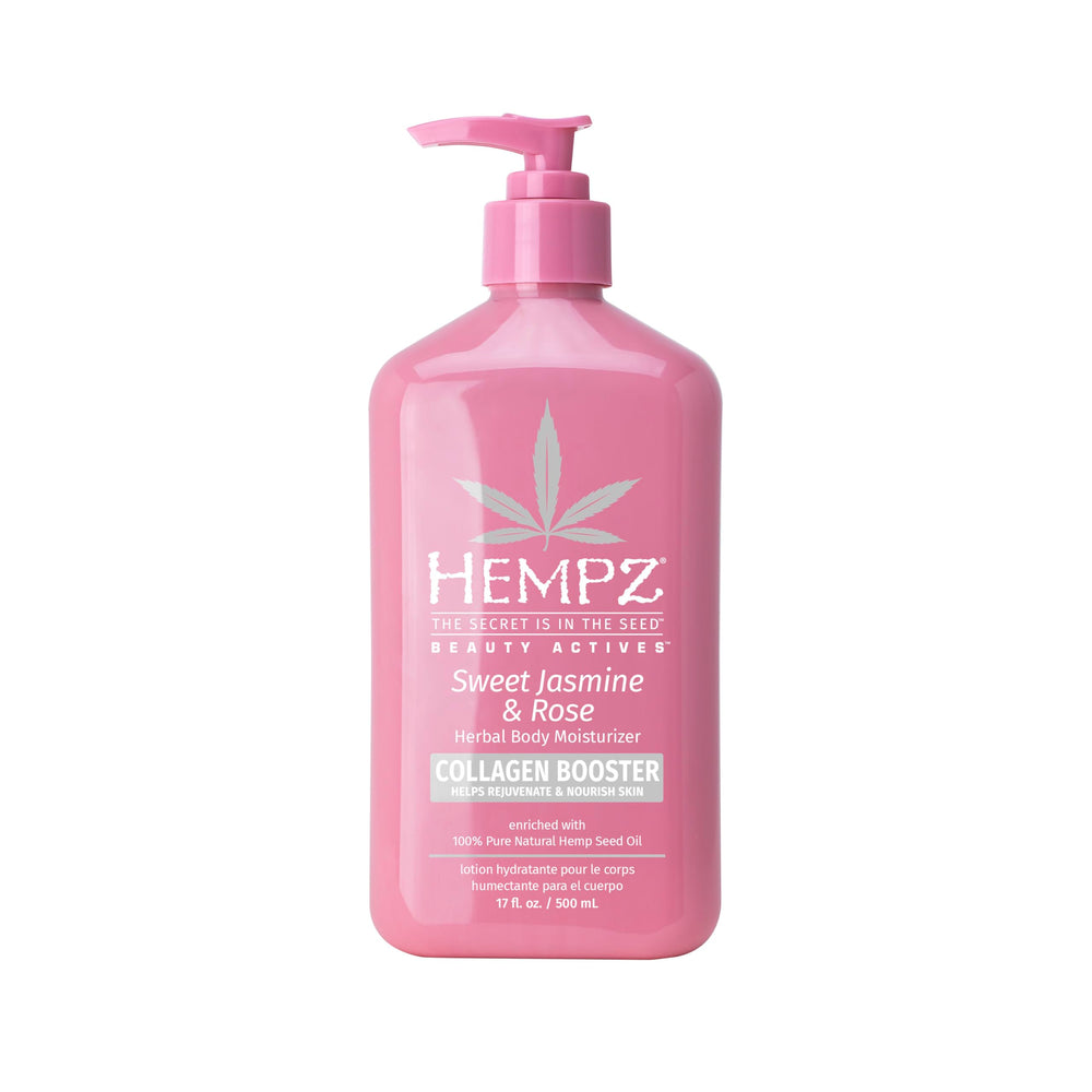 Hempz Sweet Jasmine & Rose bottle showing rich hydration for dry skin.