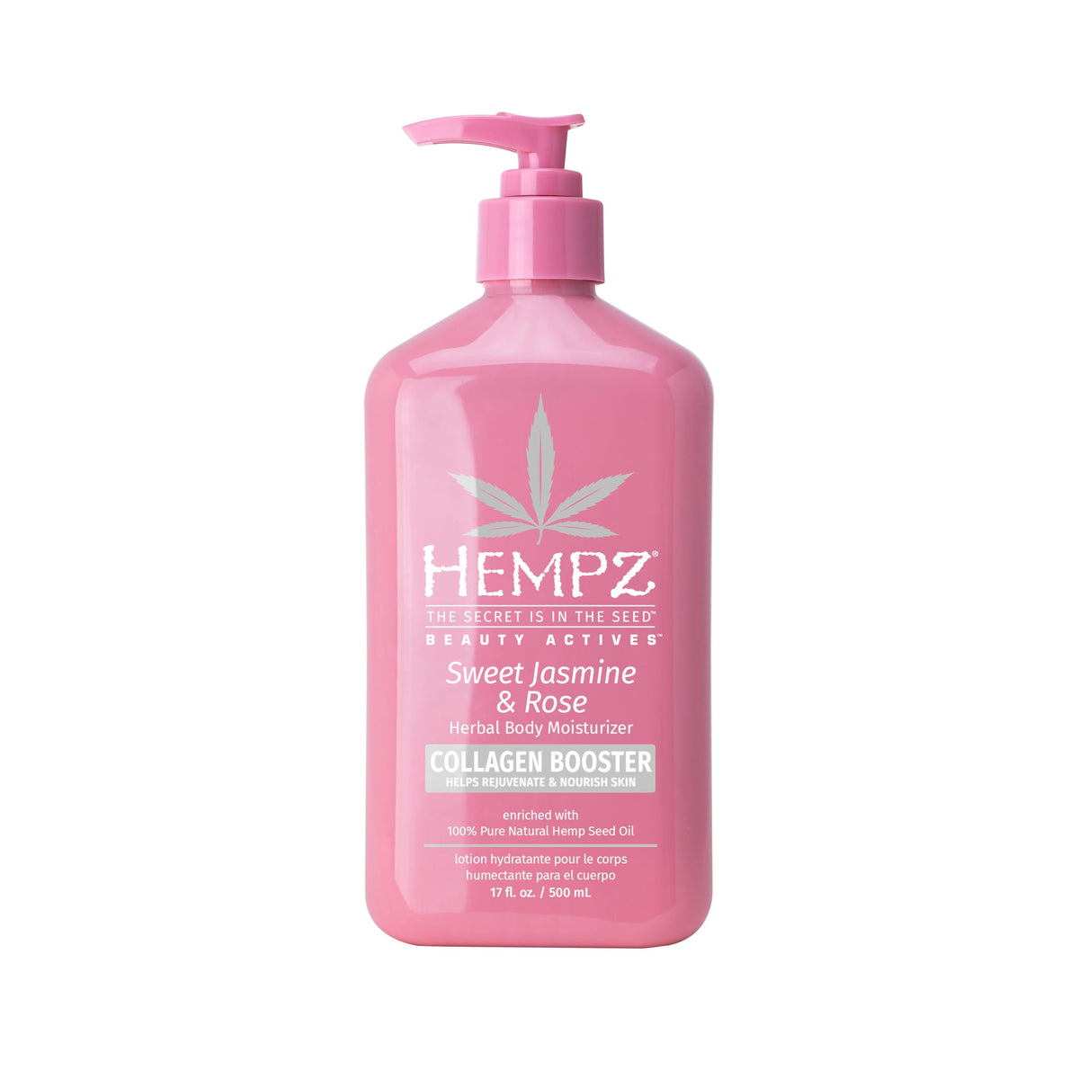 Hempz Sweet Jasmine & Rose bottle showing rich hydration for dry skin.