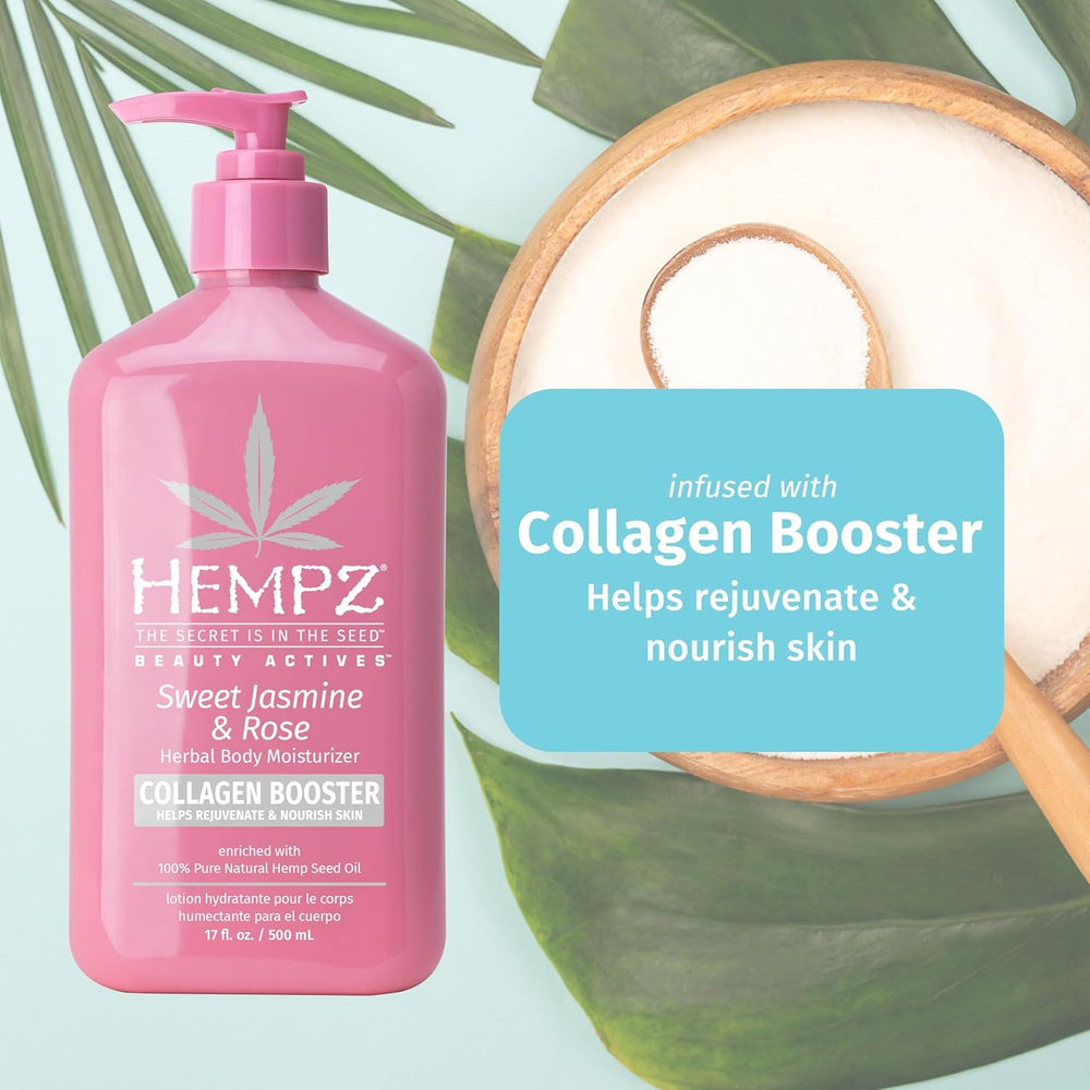Hempz Sweet Jasmine & Rose shea butter shot shows creamy hydration for dry skin.