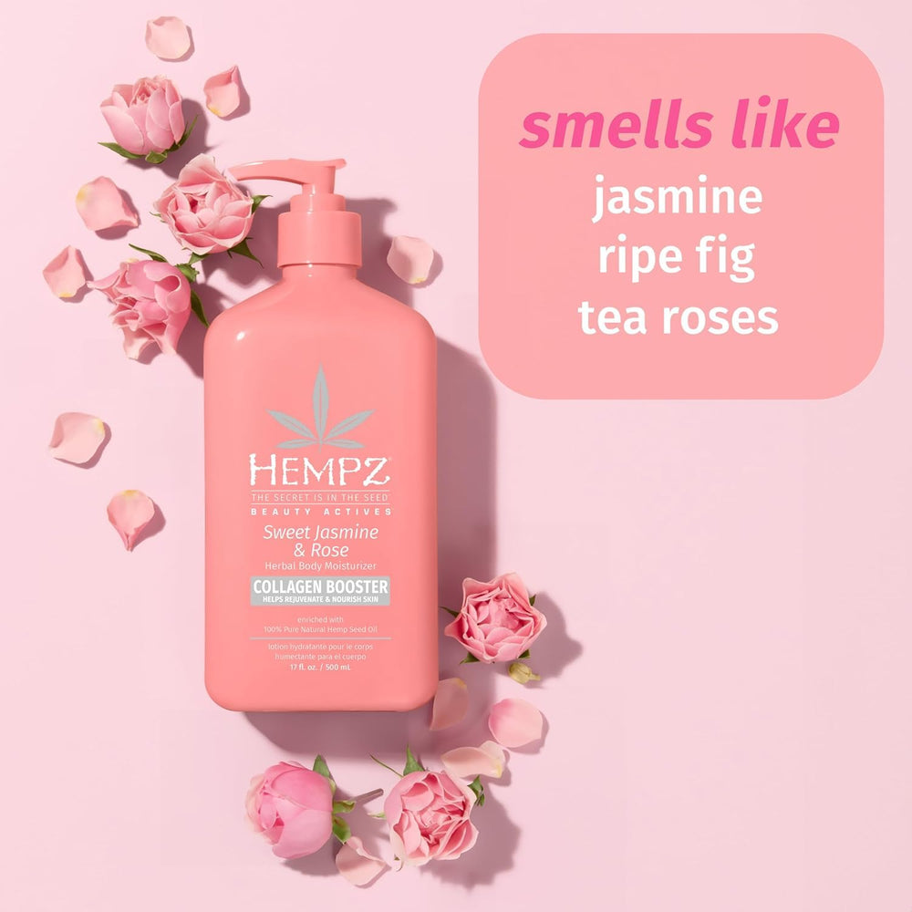 Hempz Sweet Jasmine & Rose lotion texture close-up highlighting non-greasy, quick-absorbing formula.