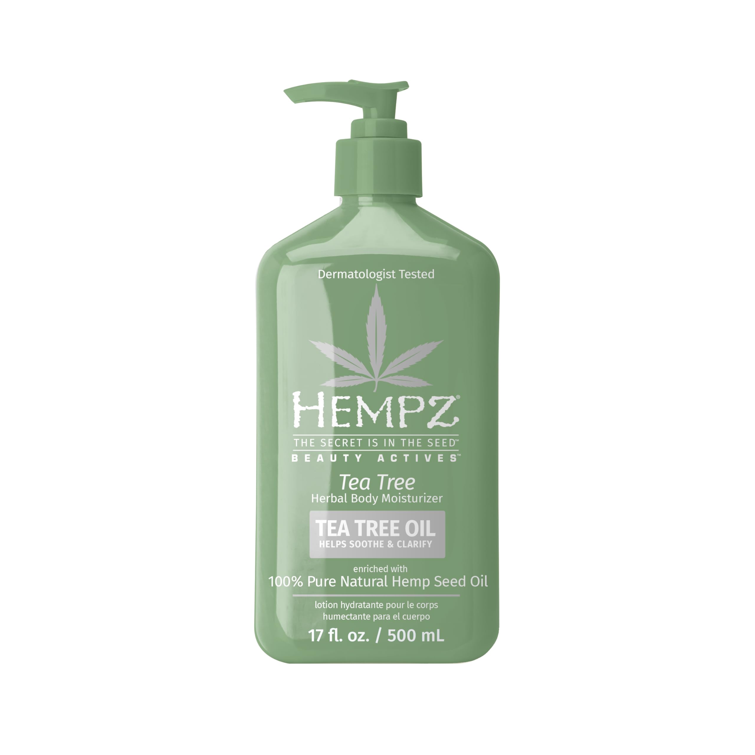 Hempz Tea Tree Herbal Body Moisturizer 17oz bottle front for daily hydration and refreshing scent.