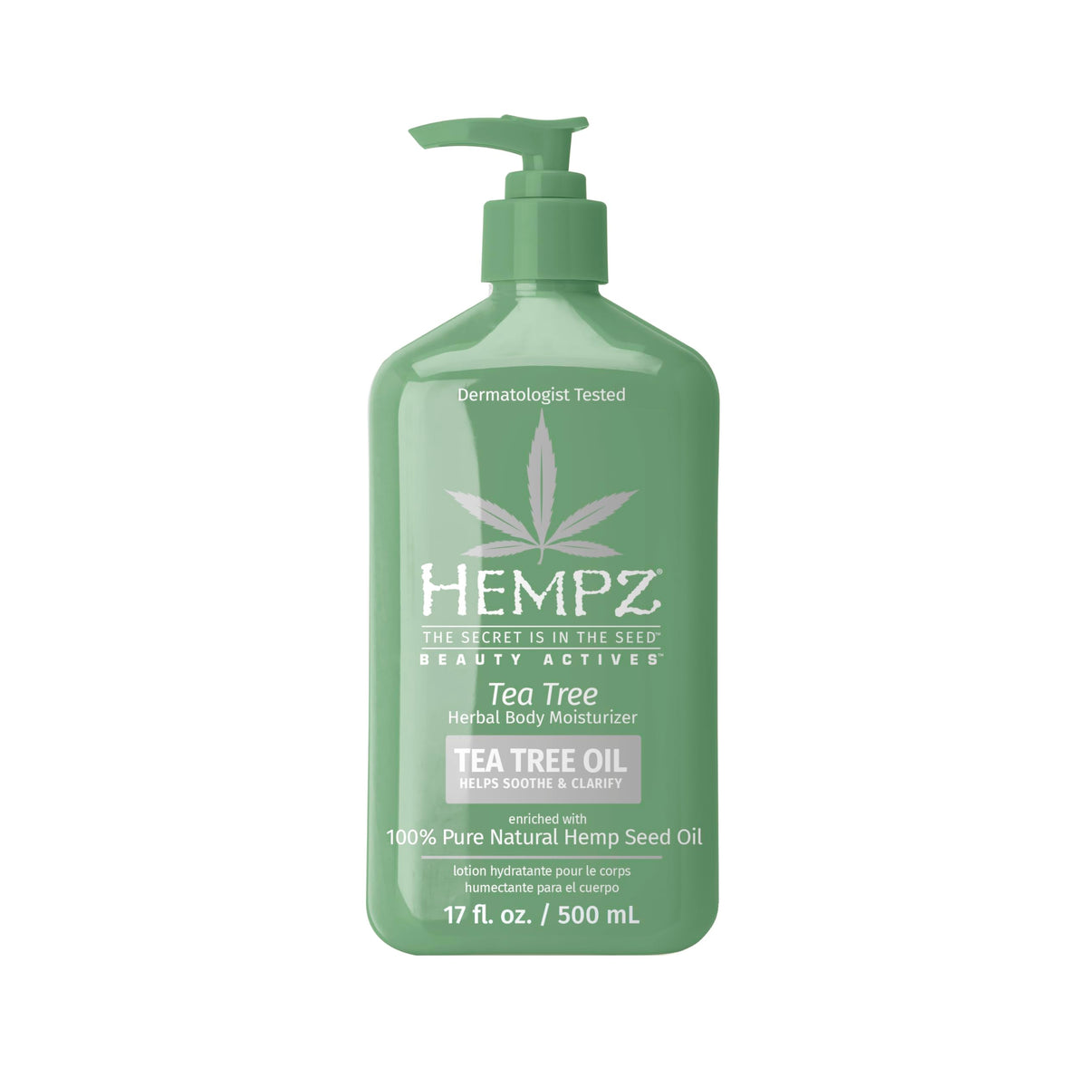 Hempz Tea Tree Herbal Body Moisturizer 17oz bottle front for daily hydration and refreshing scent.