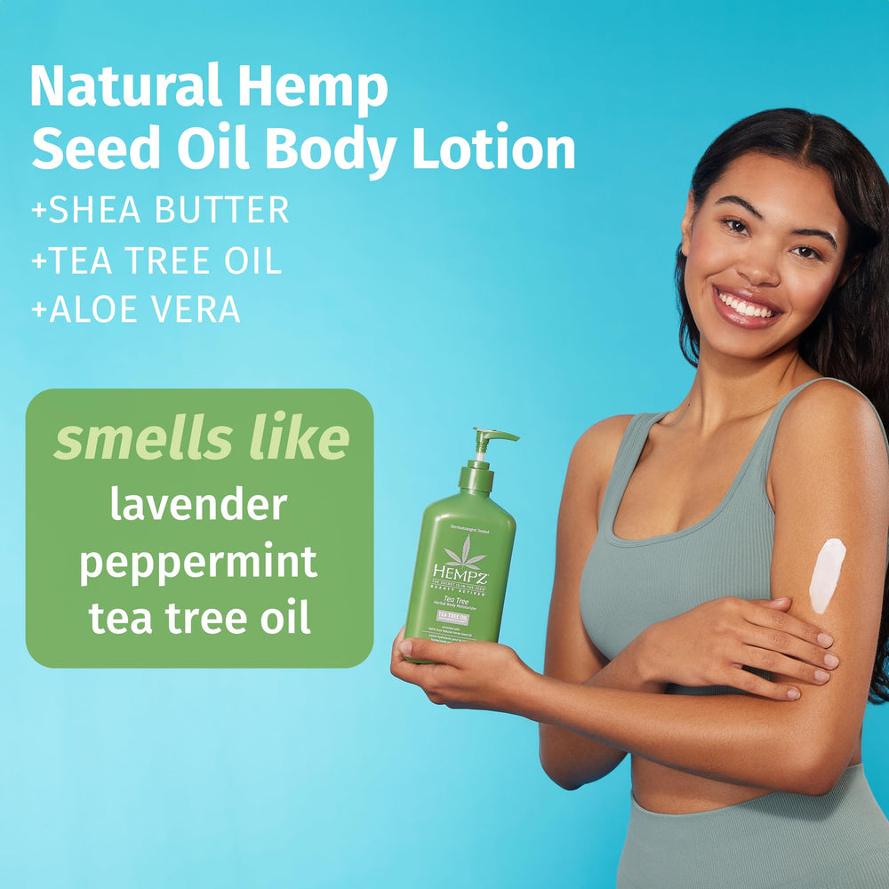 Hempz Tea Tree Herbal Body Moisturizer highlighting coconut and tea tree oil components.