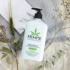 Hempz Triple Moisture fragrance image highlights peach and grapefruit scent
