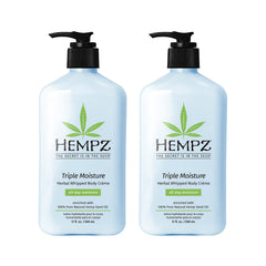 Hempz triple moisture whipped body crème pack 2 bottles showcases two-pack packaging for all-day hydration.