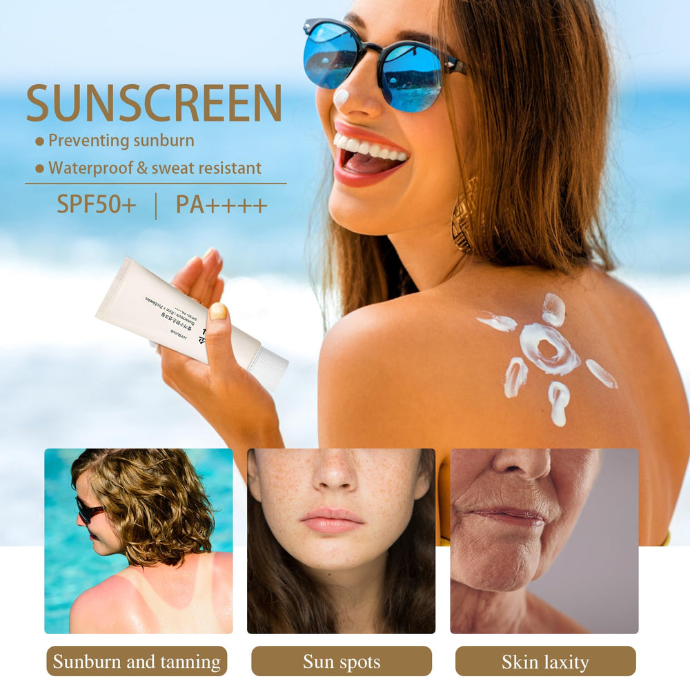 HENGRUNXIN Relief Sun SPF50+ green tea extract highlight antioxidants for skin protection.