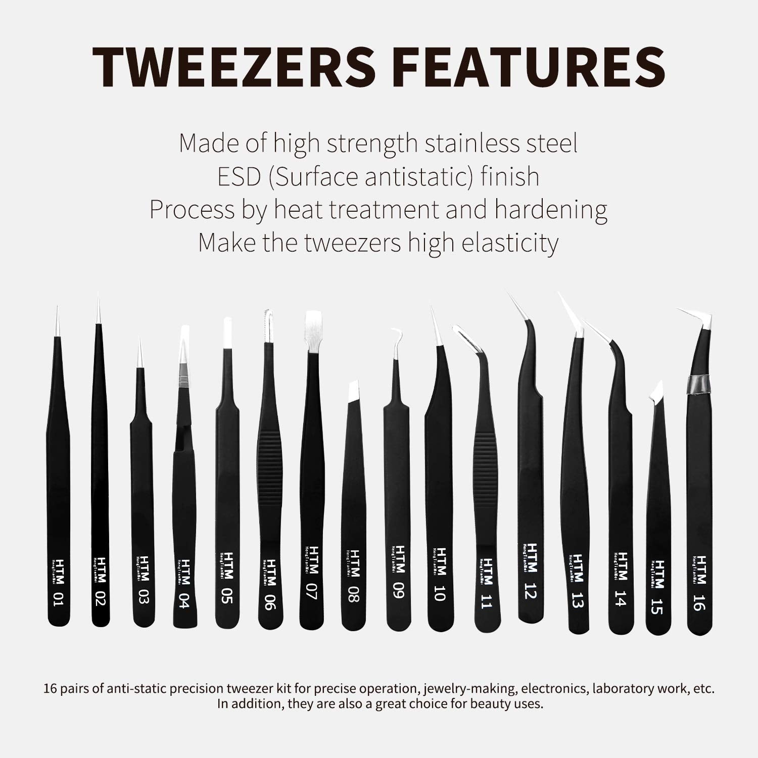 HengTianMei tweezers curved tips for precise extraction and detail work in jewelry.