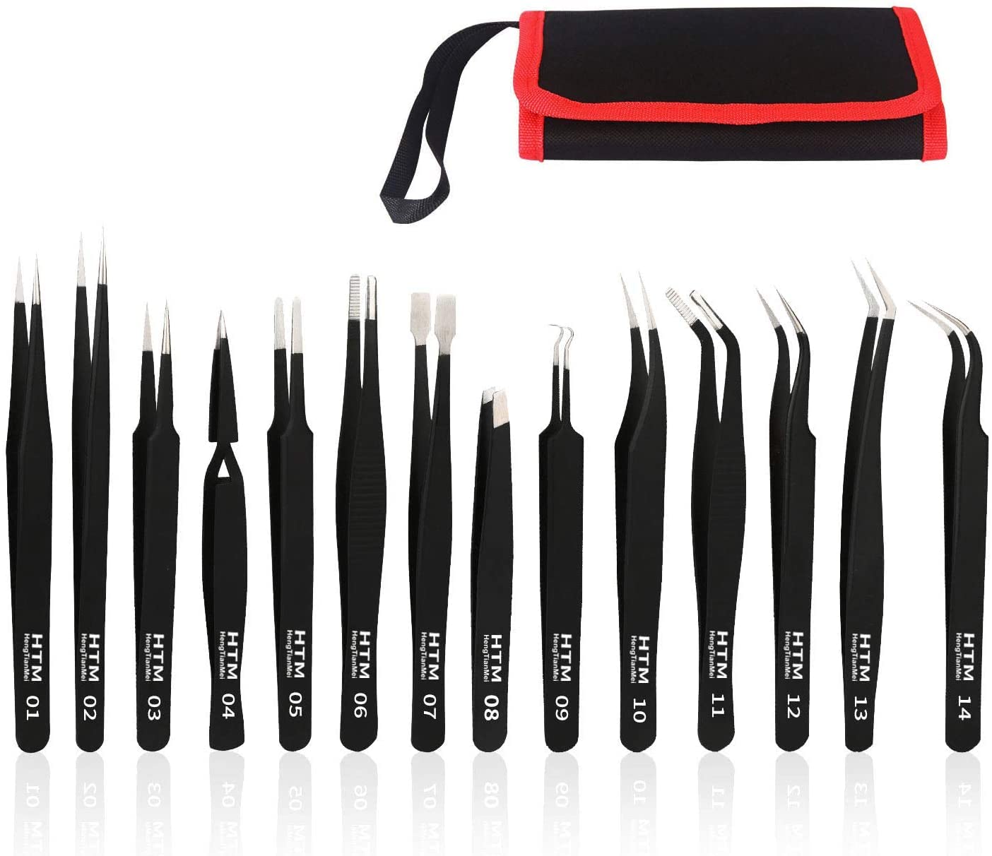 HengTianMei precision tweezers in case for electronics repair and jewelry crafting