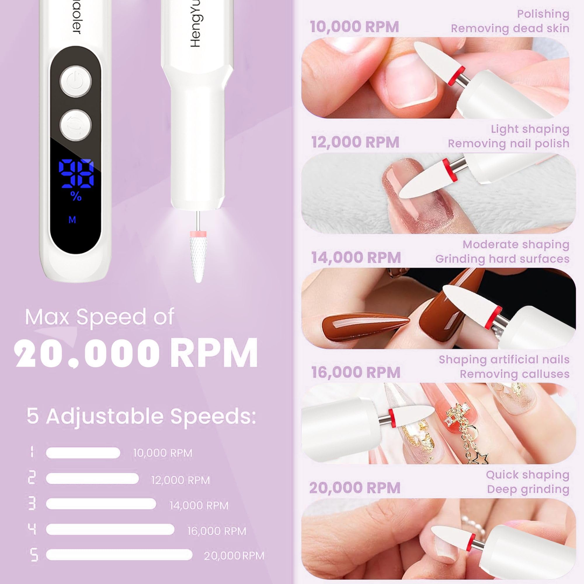 HengYuaoler pink nail drill LED display shows speed and direction for control