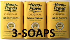 The Heno de Pravia natural bath soap pack front view highlights its timeless fragrance.