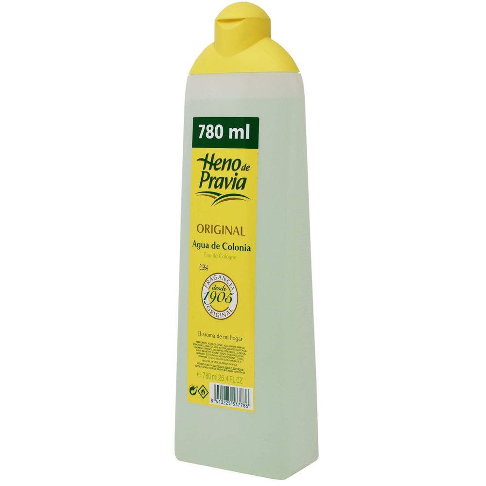 Heno de Pravia Original bottle back reveals skin-friendly, eco-conscious formulation.
