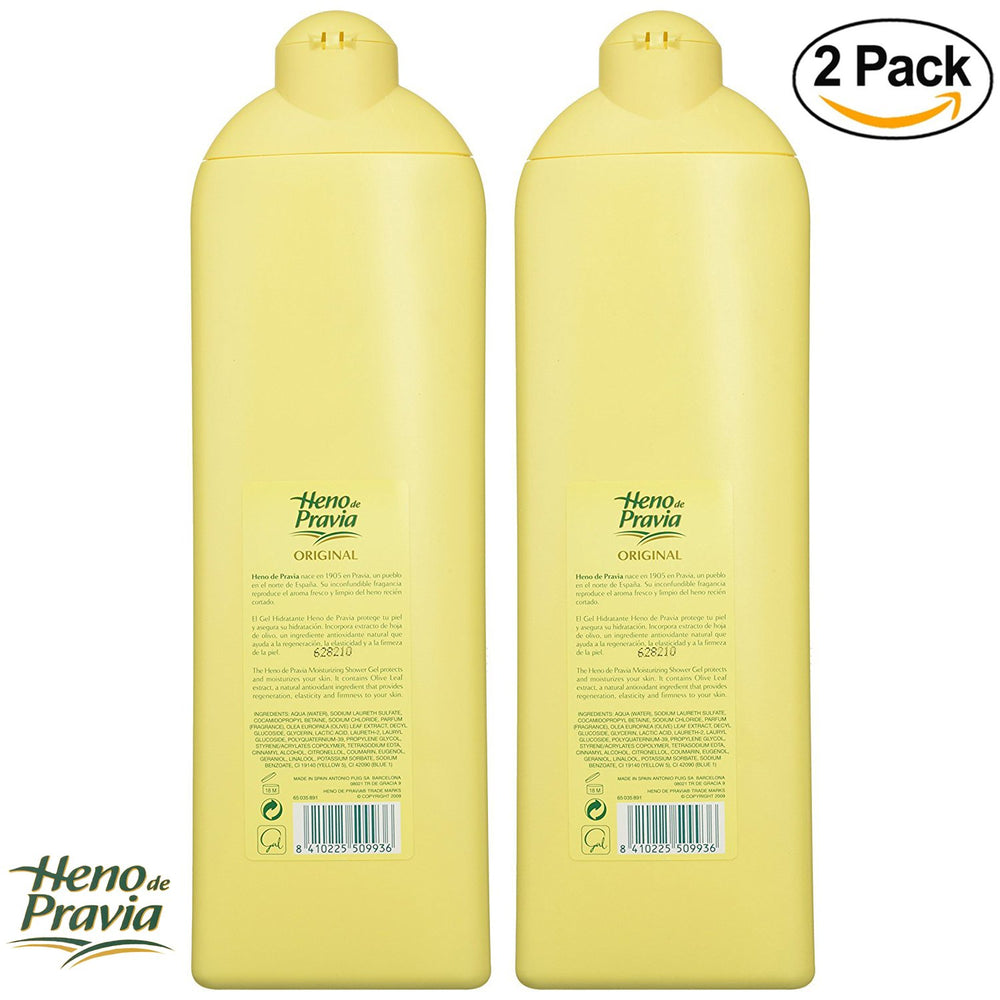 Heno de Pravia shower gel two-pack bottles back label highlighting original scent notes for freshness.