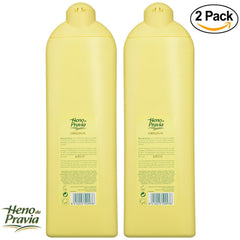 Heno de Pravia shower gel two-pack bottles back label highlighting original scent notes for freshness.