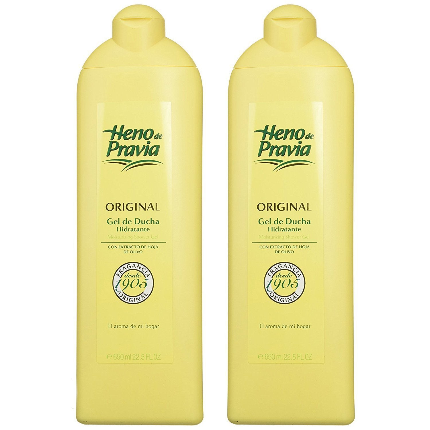 Heno de Pravia shower gel two-pack bottles front view for daily cleansing.