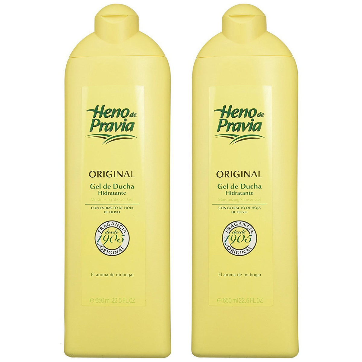 Heno de Pravia shower gel two-pack bottles front view for daily cleansing.