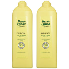 Heno de Pravia shower gel two-pack bottles front view for daily cleansing.