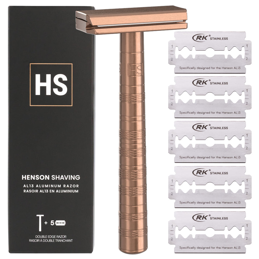 Henson Shaving copper double edge razor demonstrates ergonomic balance for a clean shave.