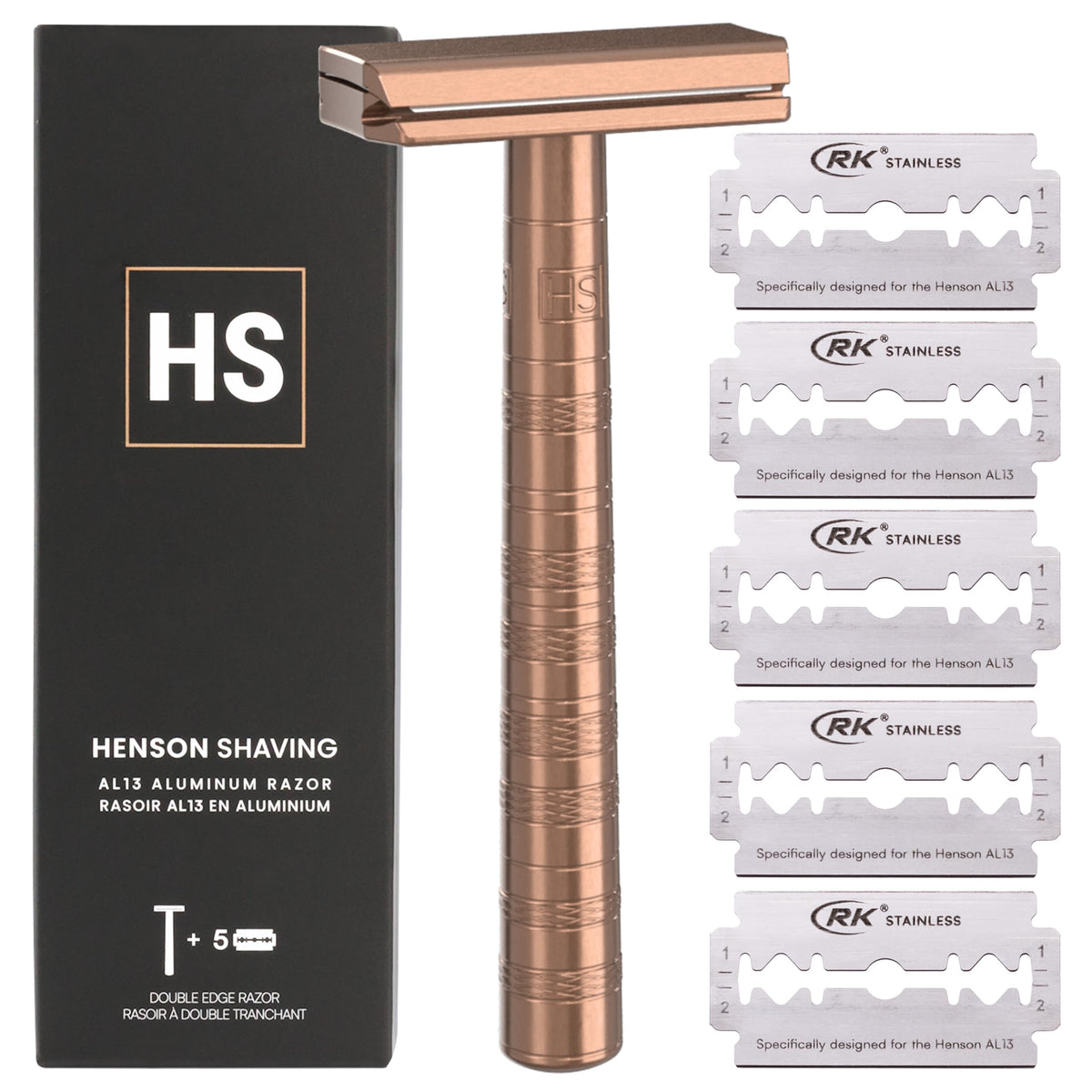 Henson Shaving copper double edge razor demonstrates ergonomic balance for a clean shave.