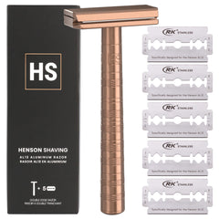 Henson Shaving copper double edge razor demonstrates ergonomic balance for a clean shave.