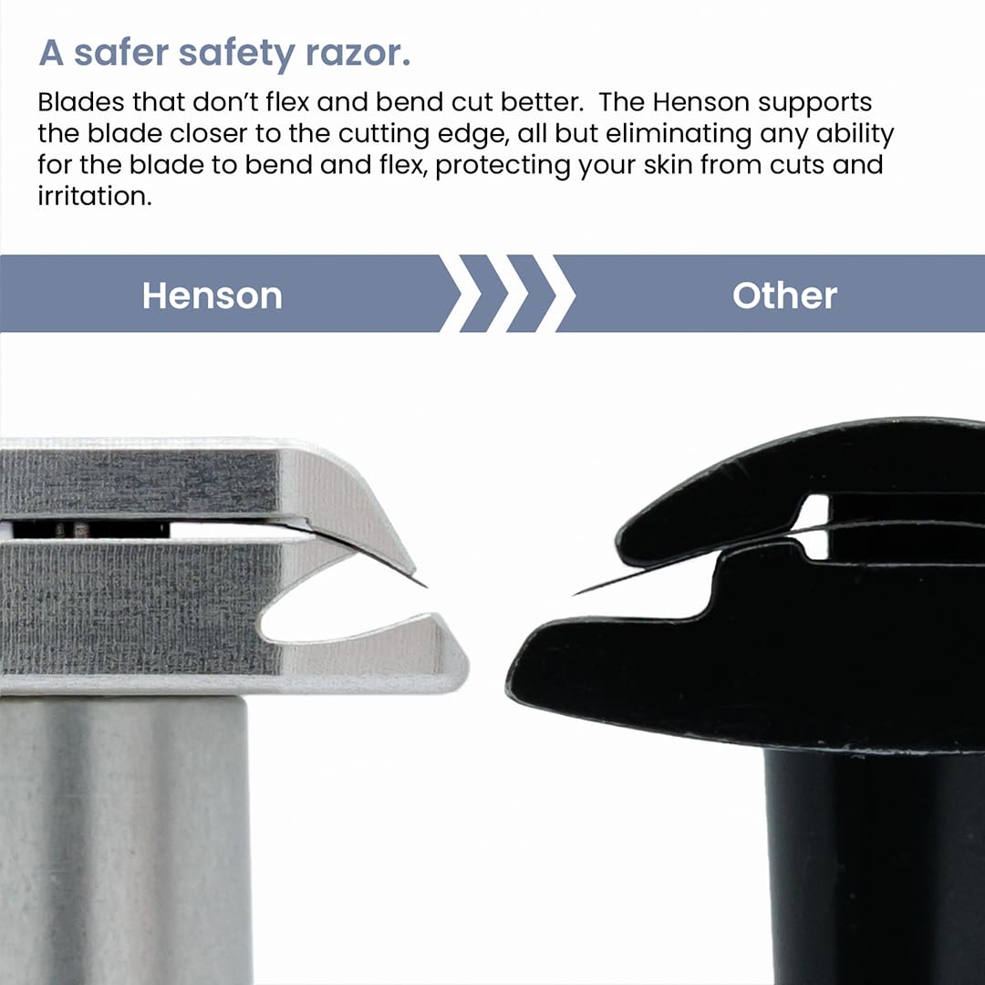 Henson Shaving Razor blade rigidity closeup emphasizes stable cutting edge for smooth shaves.