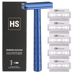 Henson Shaving Razor in steel blue front view showing premium finish for a precise, comfortable shave.