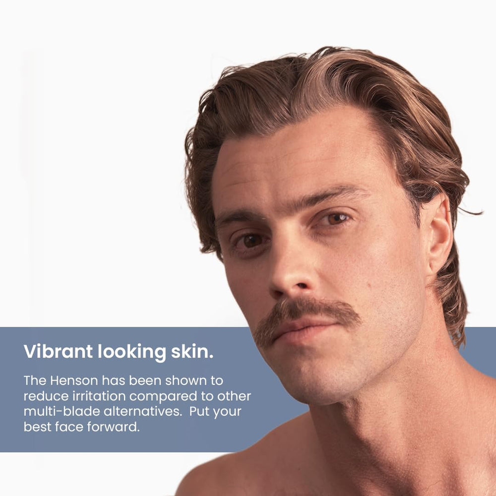 Henson Shaving Razor tan in-use shot demonstrates easy, close shave.