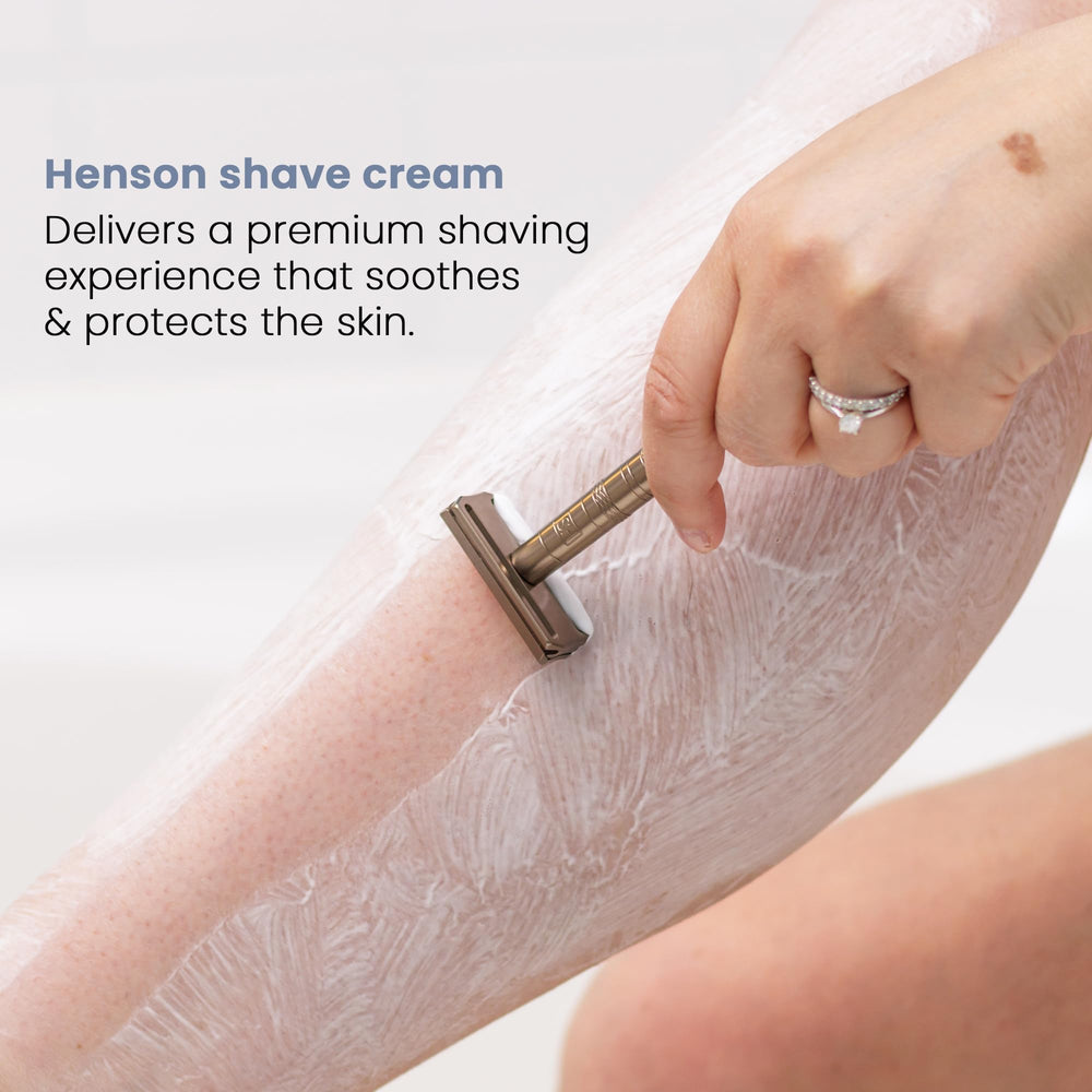 Henson Shaving rich-lather cream demonstrates smooth razor glide and close shave.