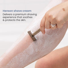 Henson Shaving rich-lather cream demonstrates smooth razor glide and close shave.