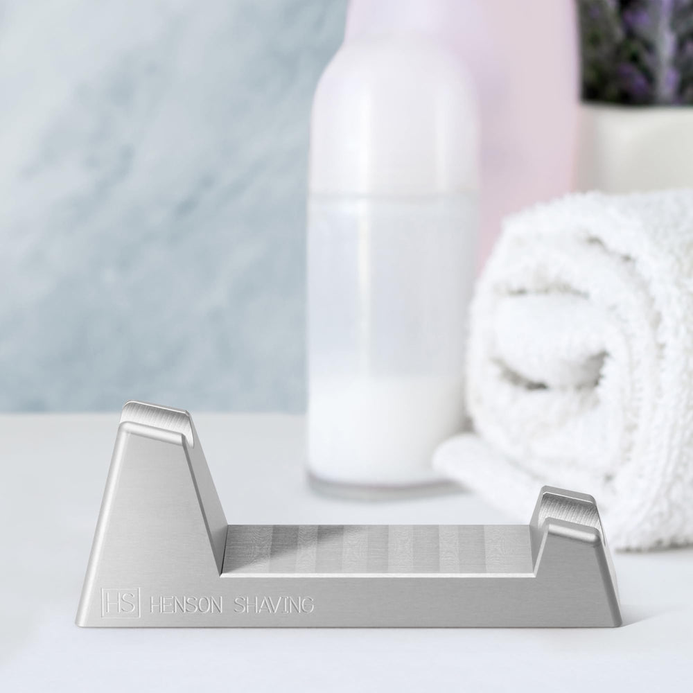 The Henson Shaving Stand elegant-display showcases your razor with minimal footprint.