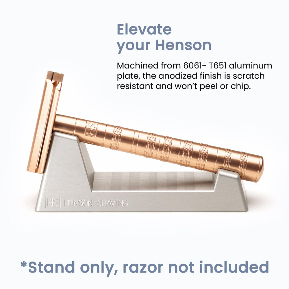 The Henson Shaving Stand closeup-smooth-anodized finish resists wear and cleans easily.