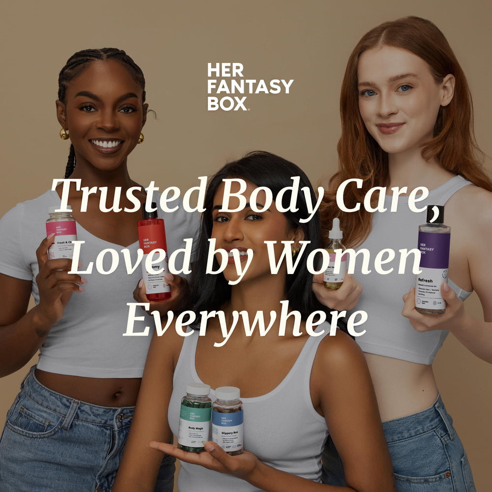 Her Fantasy Box body oil absorption silky finish demonstrates smooth skin feel.