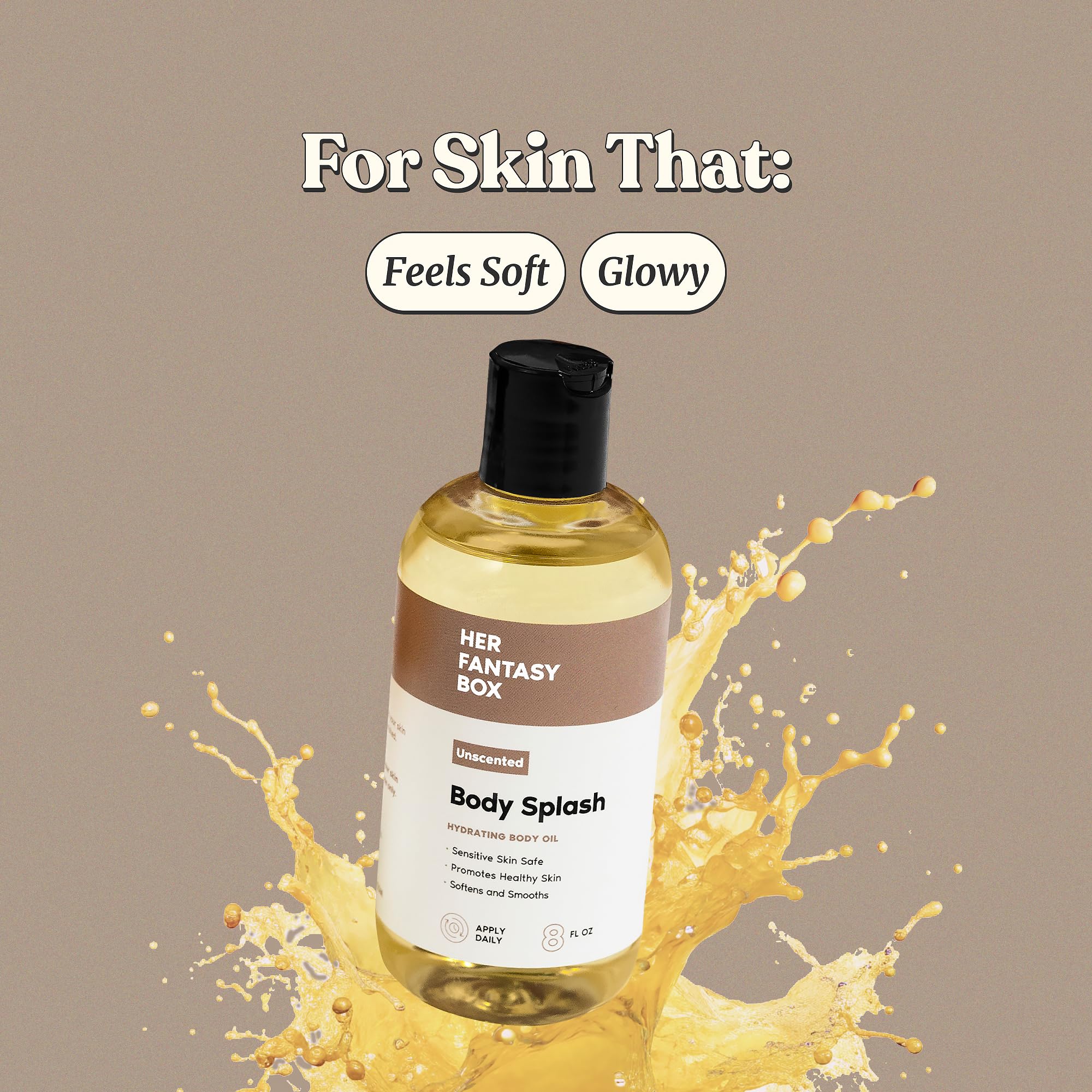 Her Fantasy Box body oil hydration texture swirl highlights lightweight moisture.