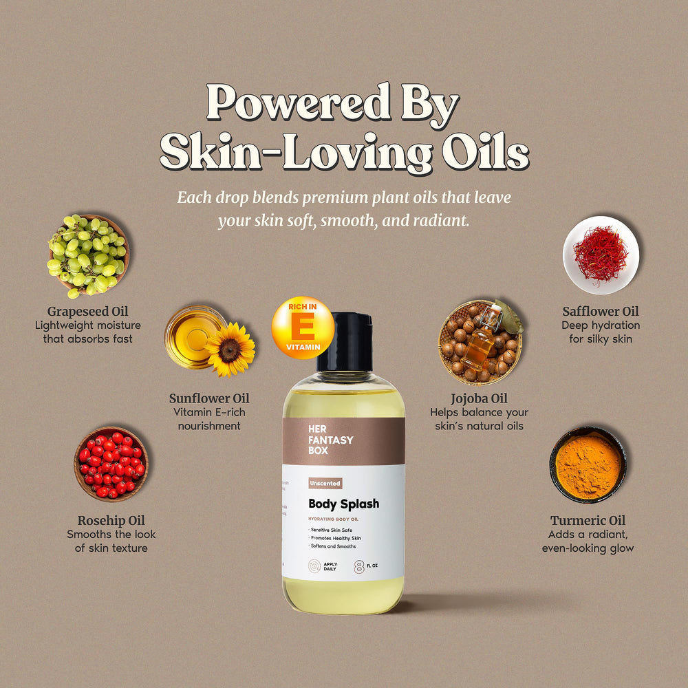Her Fantasy Box body oil pump dispense shows fragrance-free moisturizing routine.