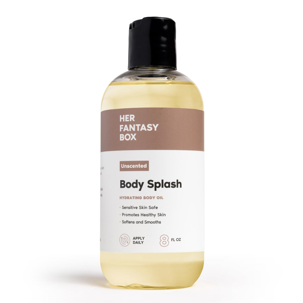 Her Fantasy Box body oil unscented bottle close-up demonstrates non-greasy hydration.