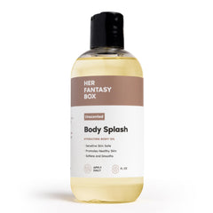 Her Fantasy Box body oil unscented bottle close-up demonstrates non-greasy hydration.