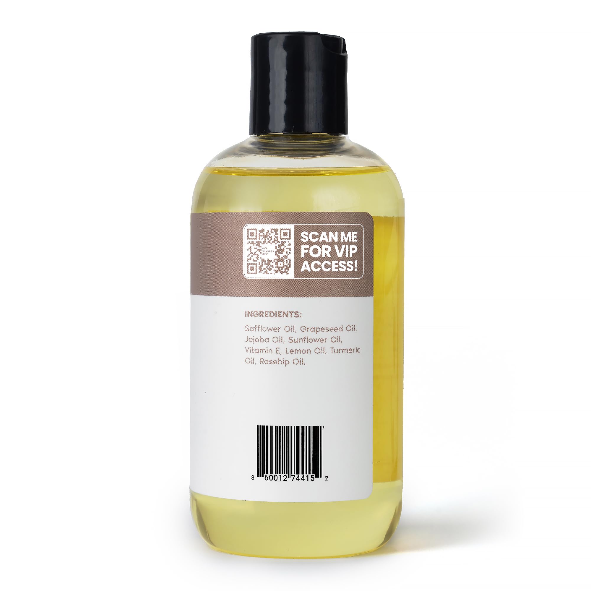Her Fantasy Box body oil vitamin-e turmeric ingredient close-up suggests soothing nourishment.