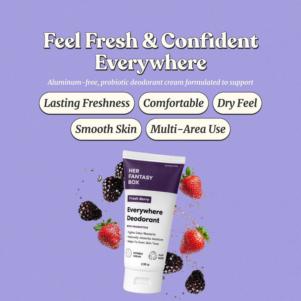 Her Fantasy Box Everywhere Deodorant application showing smooth, invisible cream on skin.