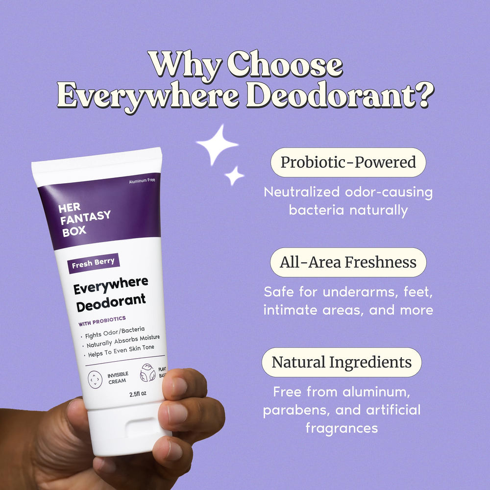 Her Fantasy Box Everywhere Deodorant bottle on a vanity for travel-ready protection.