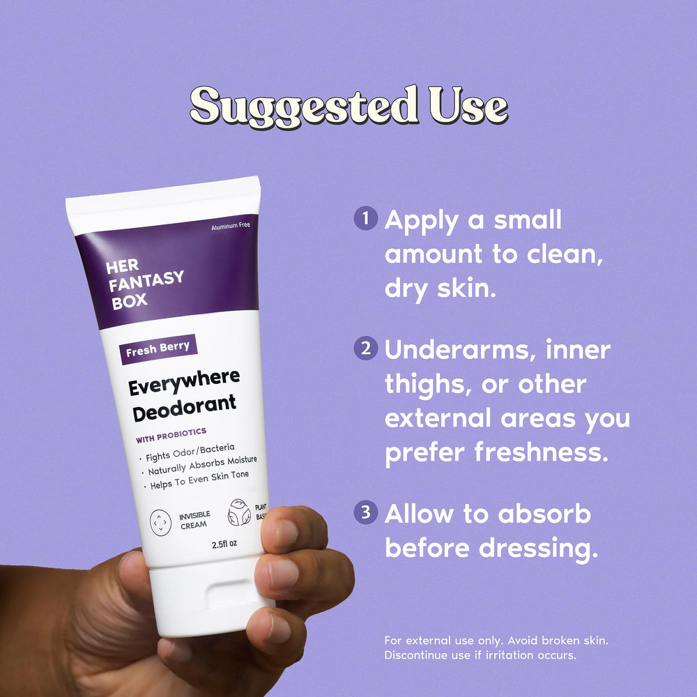 Her Fantasy Box Everywhere Deodorant in-use shot illustrating on-skin freshness.