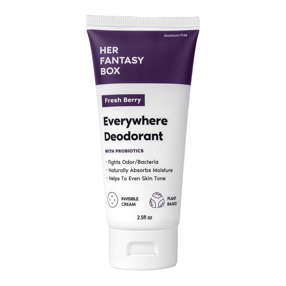 Her Fantasy Box Everywhere Deodorant berry scent packaging highlighting aluminum-free protection and probiotic balance.