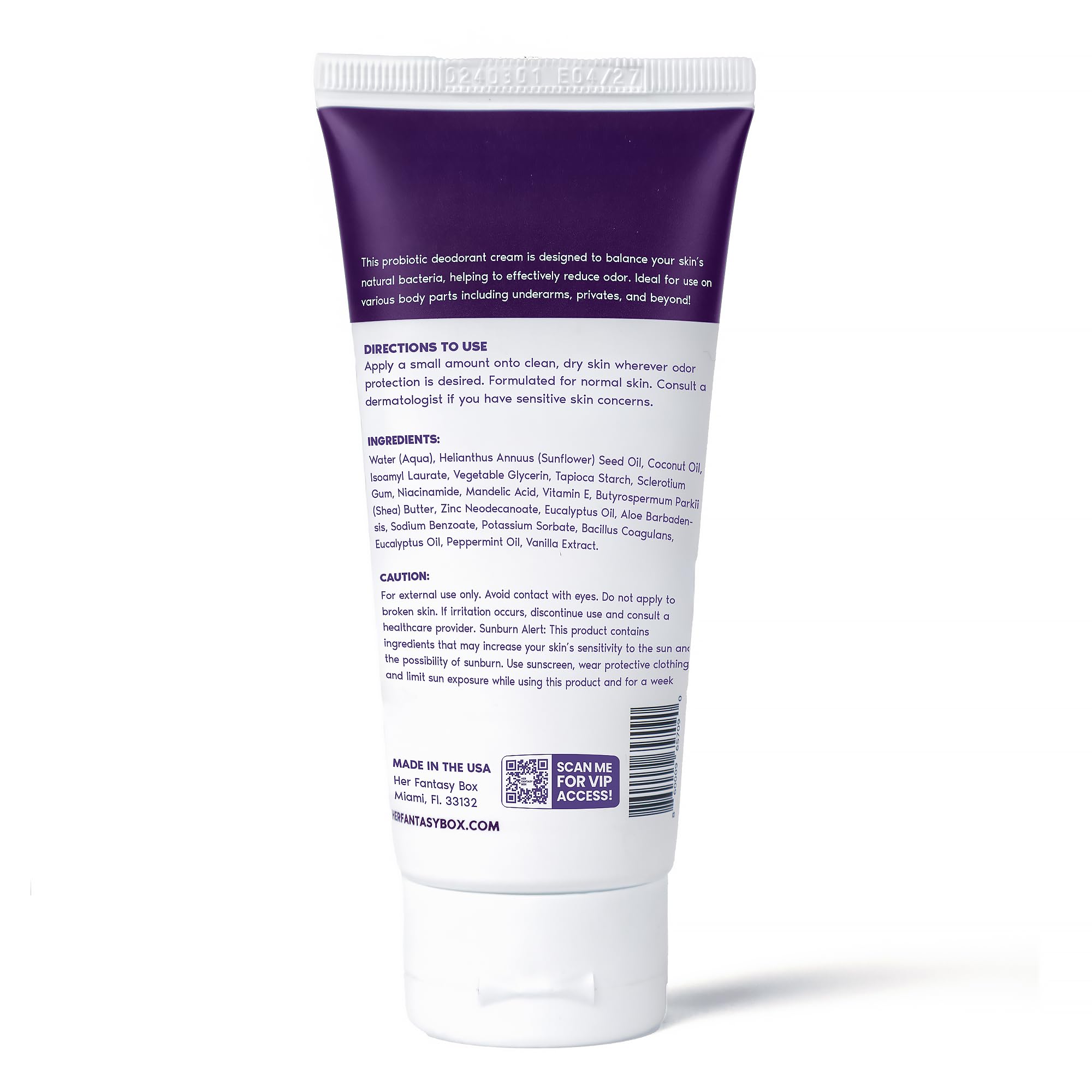 Her Fantasy Box Everywhere Deodorant packaging banner communicates odor control on-the-go.