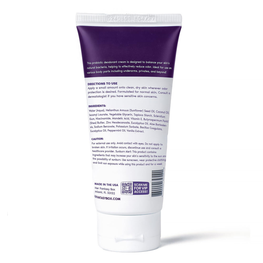 Her Fantasy Box Everywhere Deodorant packaging banner communicates odor control on-the-go.