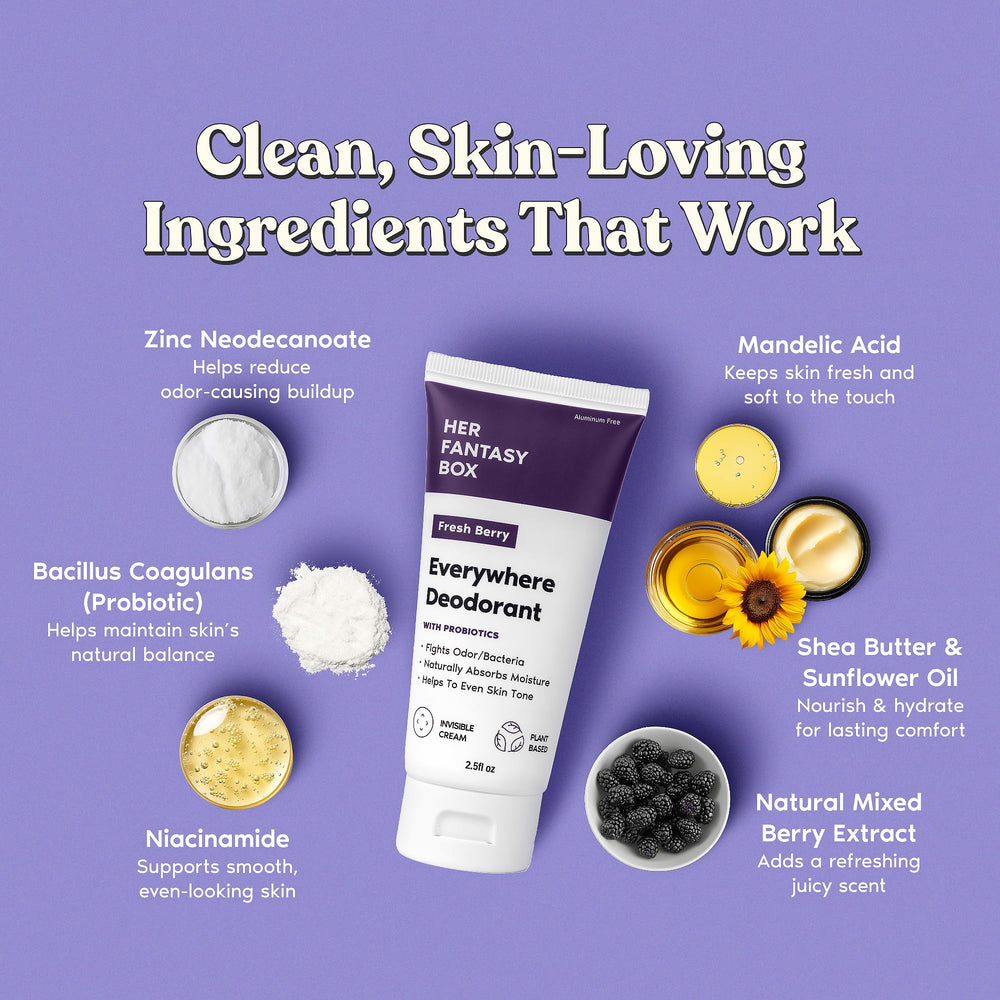 Her Fantasy Box Everywhere Deodorant texture closeup proving quick-dry, residue-free finish.