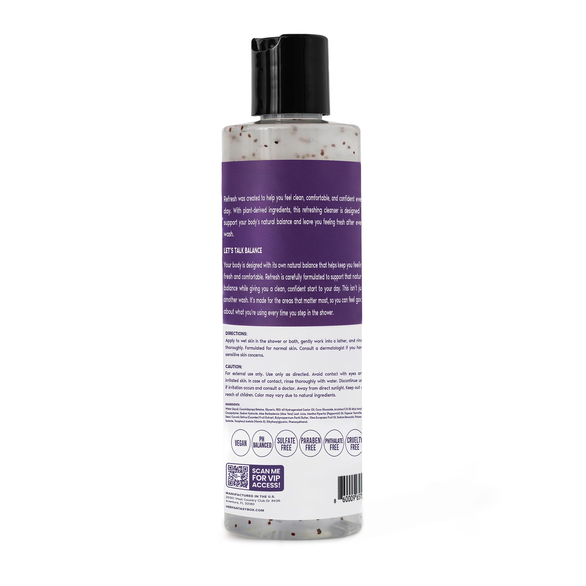 Her Fantasy Box Refresh bottle emphasizes hydrating care with natural oils.