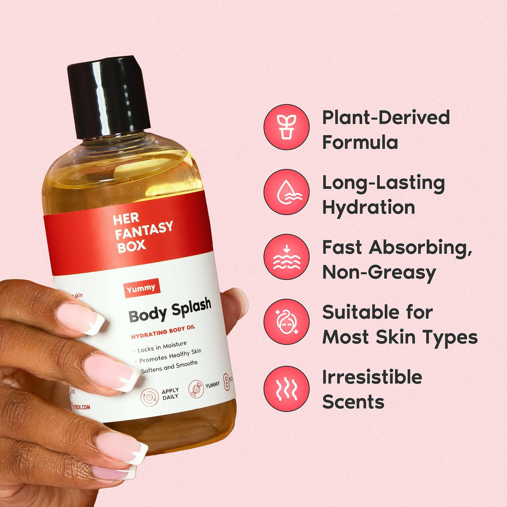 Her Fantasy Box Yummy Body Splash closeup highlights vitamin E and turmeric oil for even tone