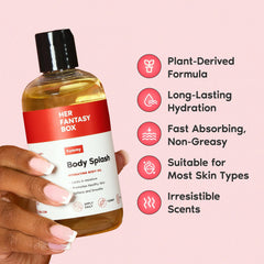 Her Fantasy Box Yummy Body Splash closeup highlights vitamin E and turmeric oil for even tone