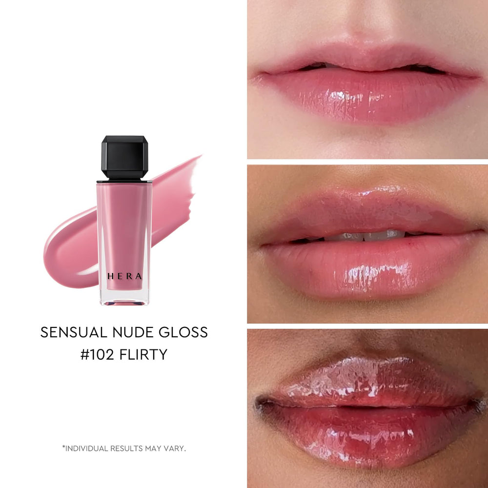 HERA Sensual Nude Gloss #102 Flirty swatches show sheer color.