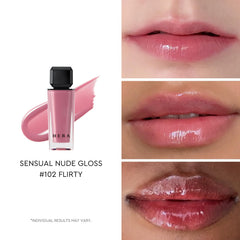 HERA Sensual Nude Gloss #102 Flirty swatches show sheer color.